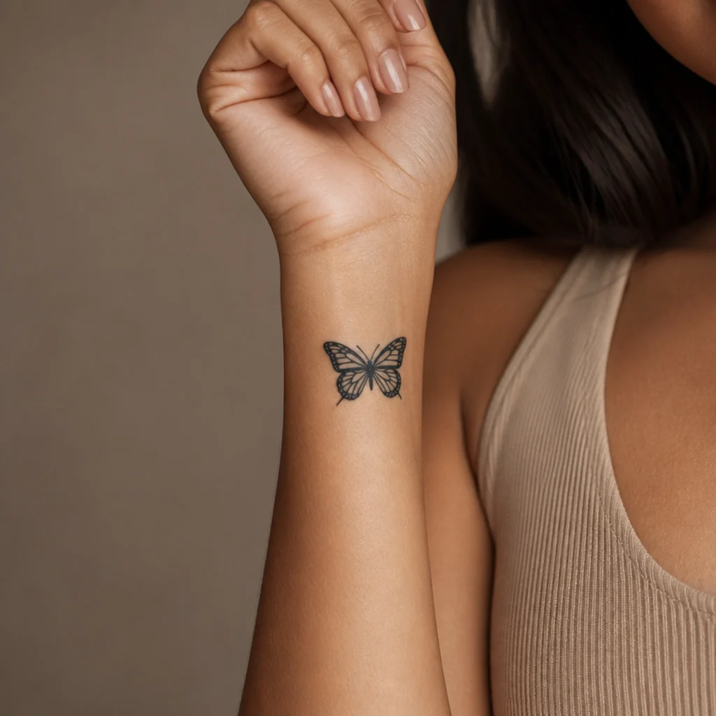 Small solid black butterfly cover-up tattoo with symmetrical filled wings on a woman's inner forearm