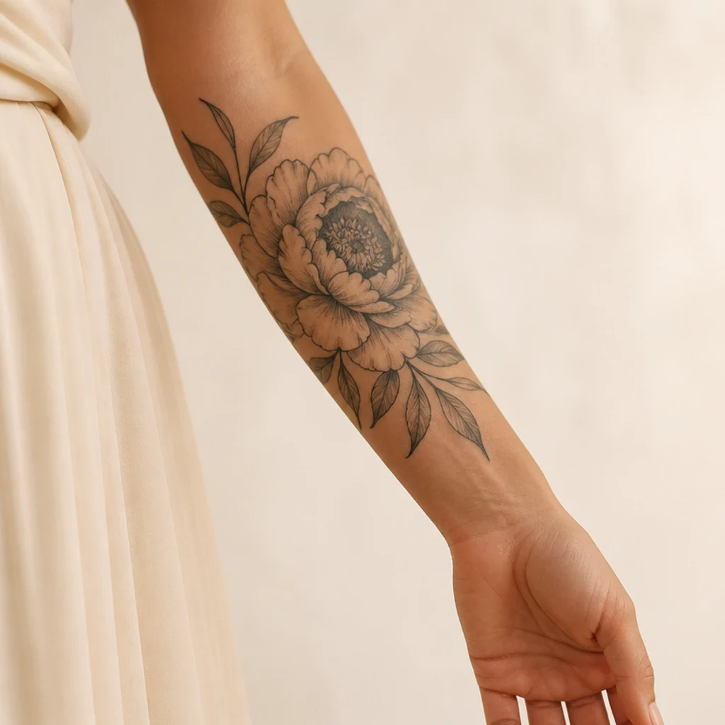Bold black-and-grey peony cover-up tattoo with a dense shaded center on a woman's forearm