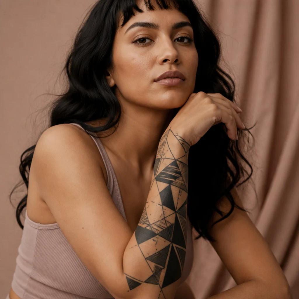 Geometric blackwork half-sleeve cover-up tattoo mixing solid panels and negative space on a woman's forearm