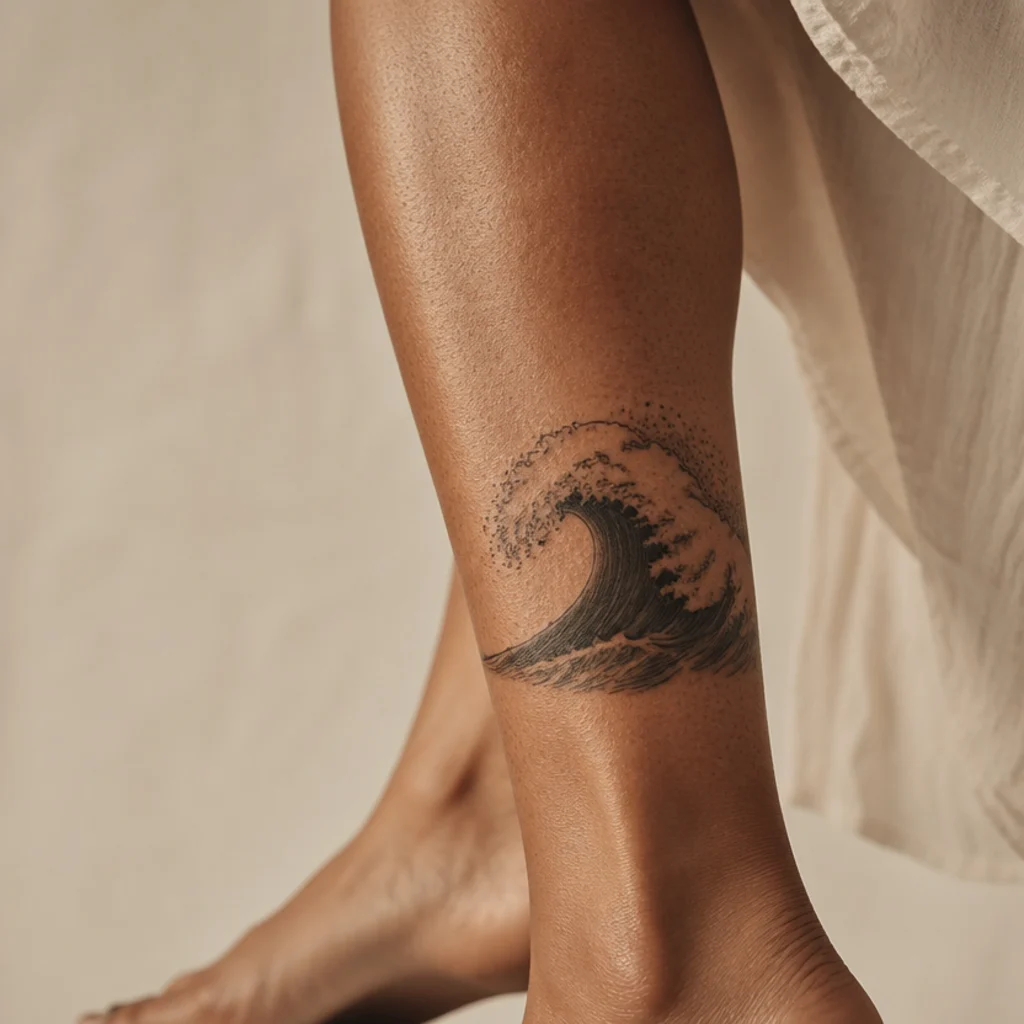 Black linework ocean wave cover-up tattoo with a solid dark trough curling around a woman's calf