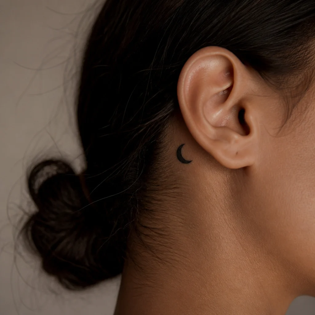 Small solid black crescent moon cover-up tattoo with clean even fill behind a woman's ear