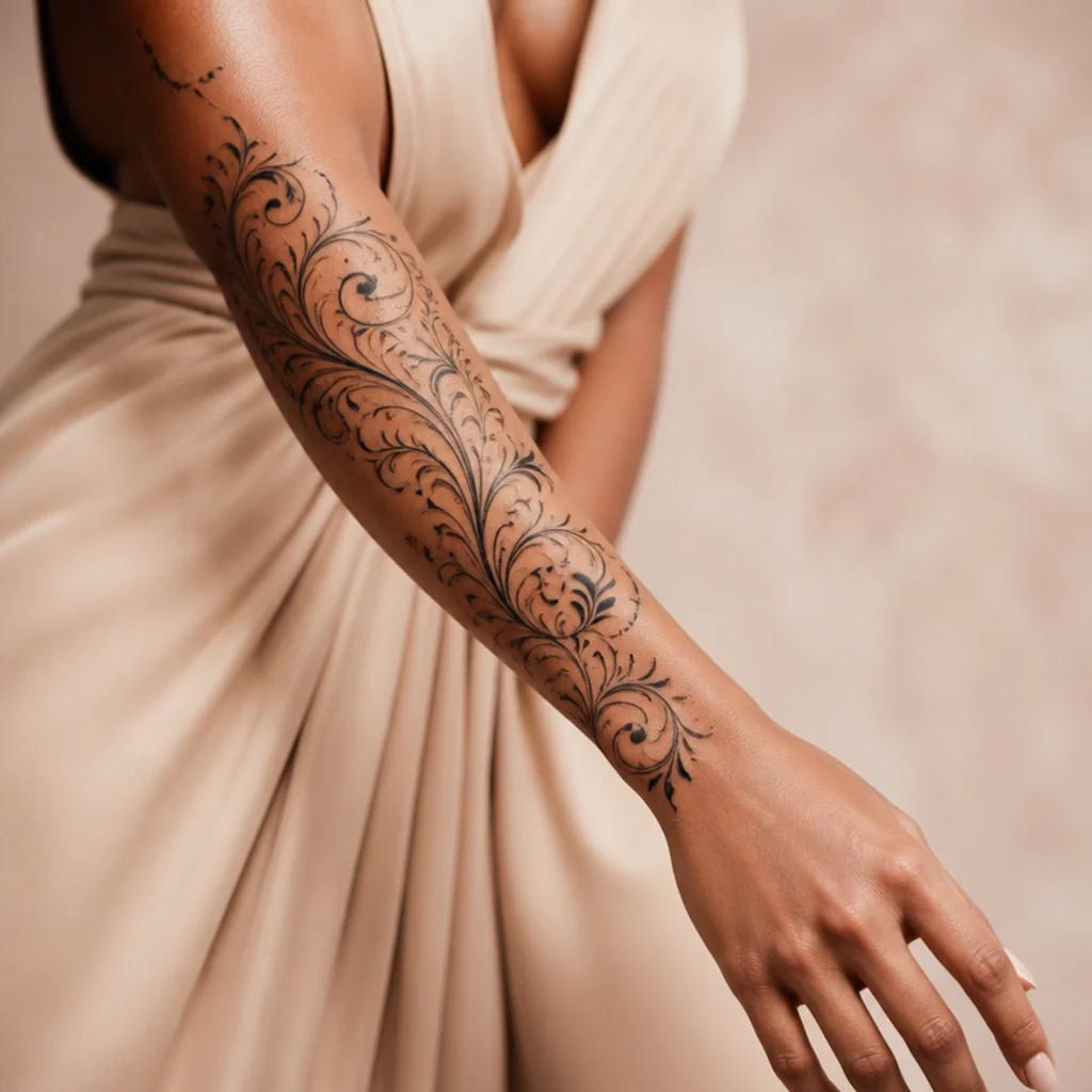 Ornate black filigree scrollwork cover-up tattoo weaving over old lettering on a woman's forearm