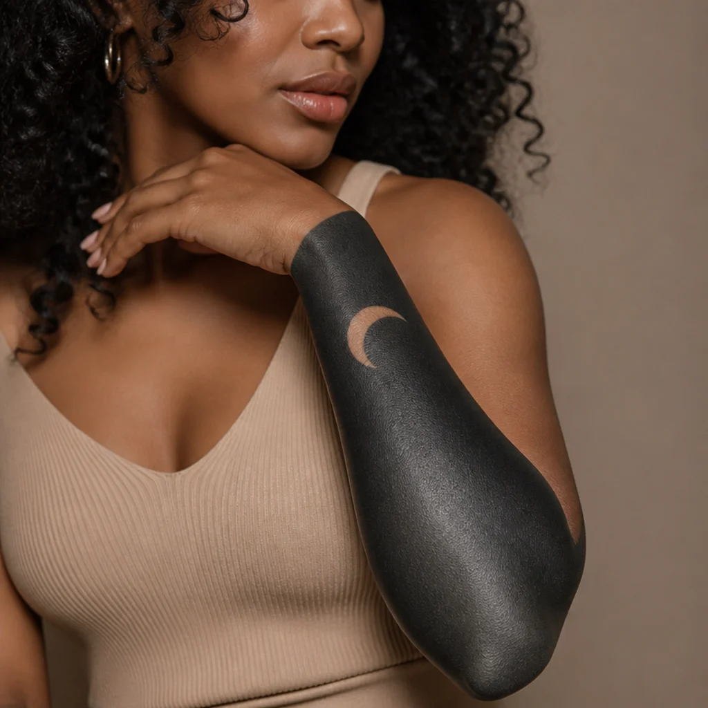 Full blackout forearm cover-up of smooth solid black ink with a small negative-space detail on a woman's arm