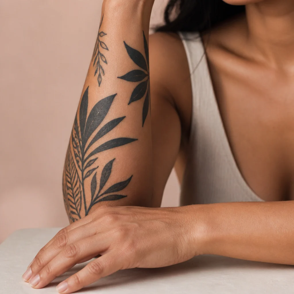 Woman's forearm with a solid black botanical cover-up tattoo styled in soft studio light