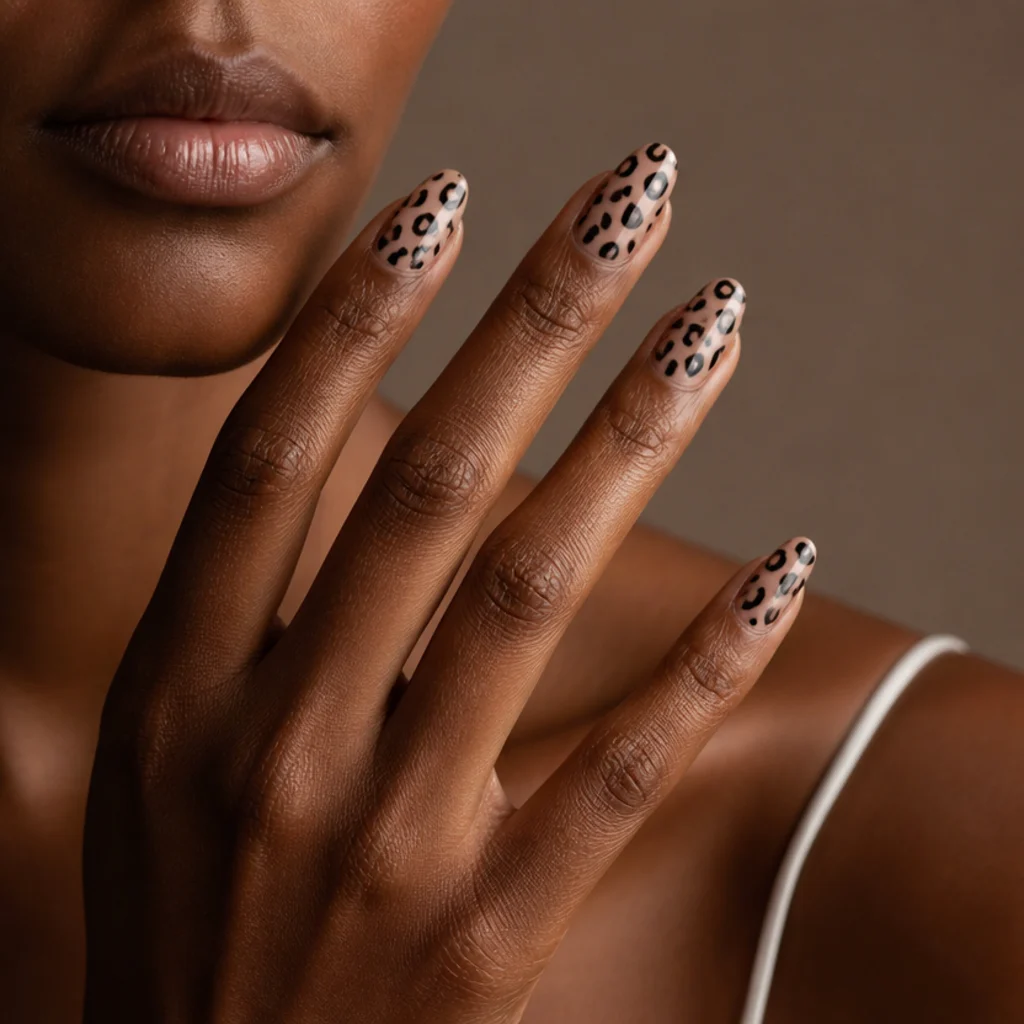 Almond nails in sheer nude with hand-painted black leopard spots and a glossy top coat