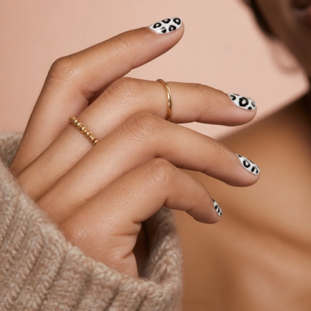 Short round nails in crisp white with graphic black leopard spots and a high-shine finish