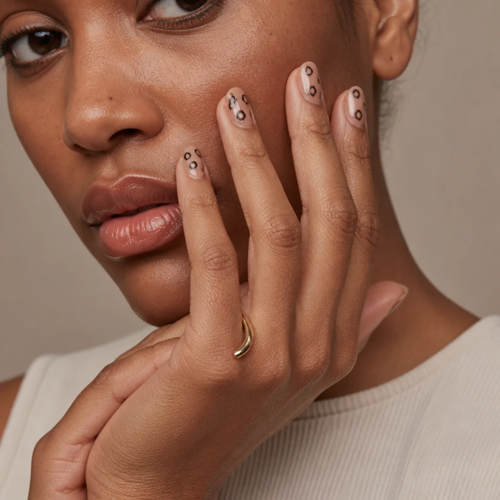 Very short almond nails in nude with small, scaled-down black leopard spots across each nail