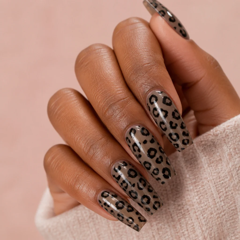 Long coffin nails built in acrylic with an all-over black leopard print on a warm taupe base