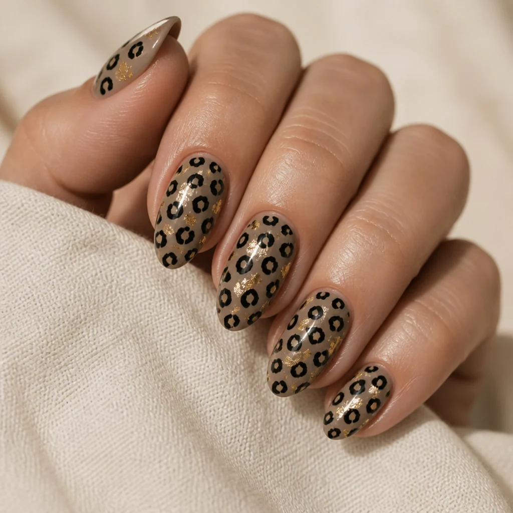 Almond nails in taupe with black leopard spots and small metallic gold-foil accents catching light