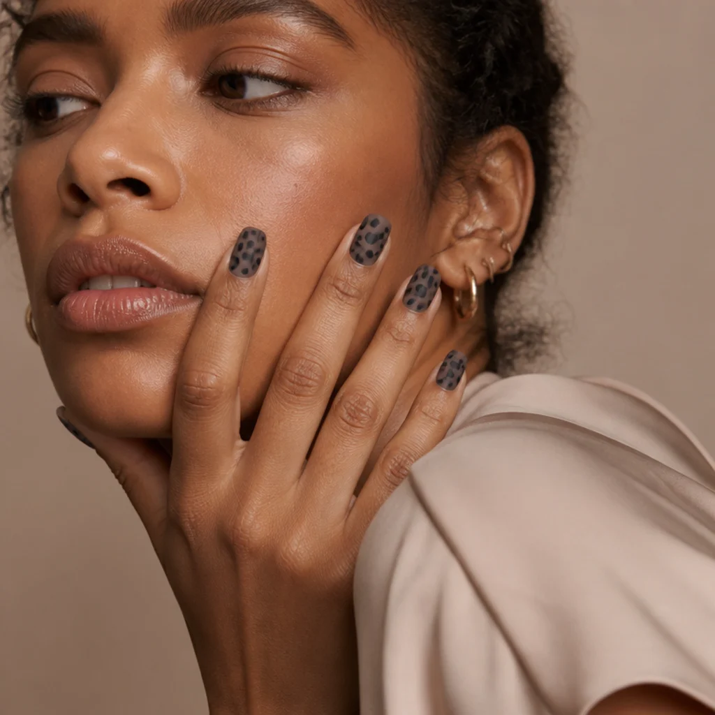 Square nails in matte nude with black leopard spots and a velvety no-shine top coat
