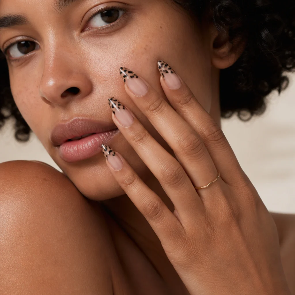 Almond nails with clear negative-space gaps and black leopard rosettes floating over bare nail