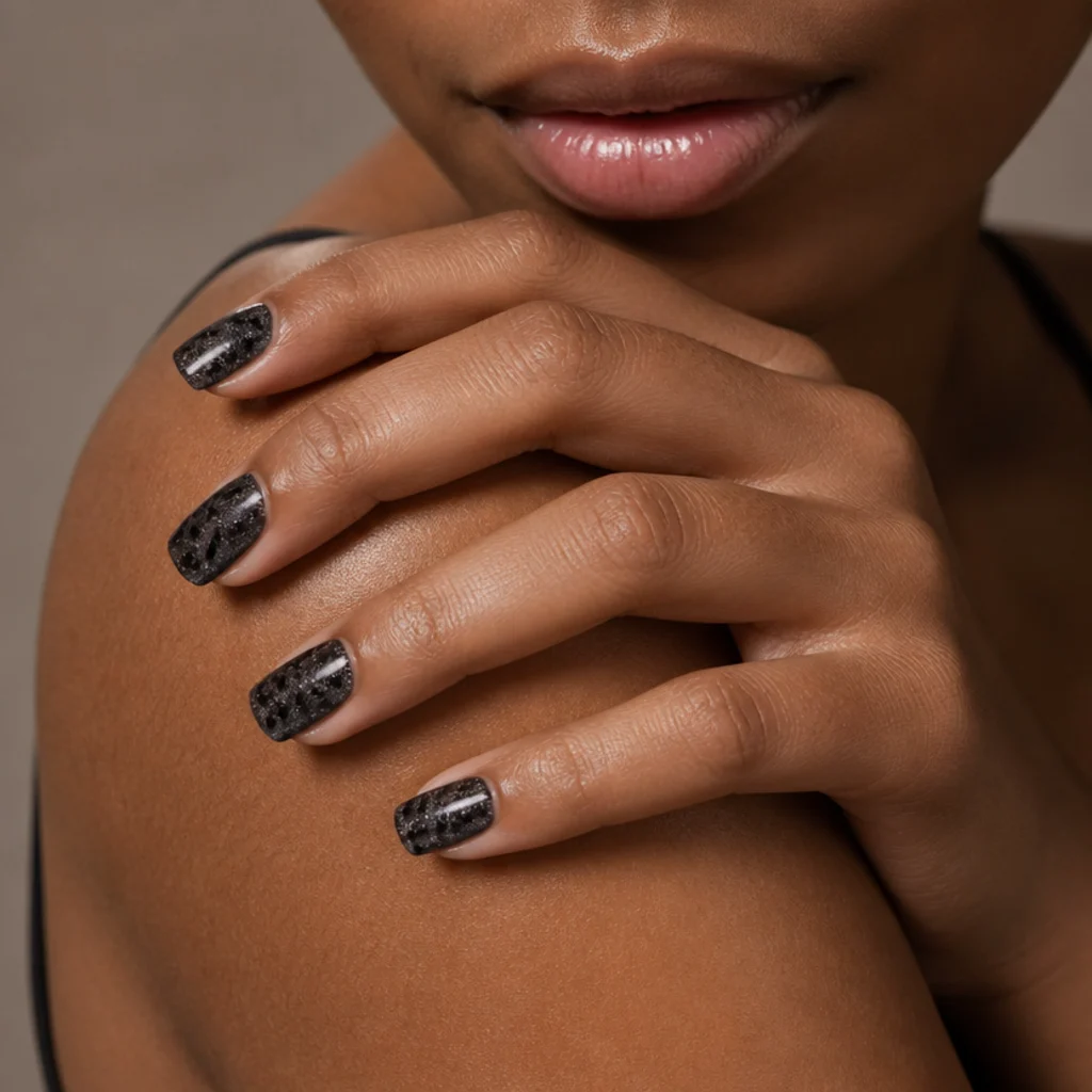 Square nails in black with tonal spots and a fine silver glitter top coat catching the light
