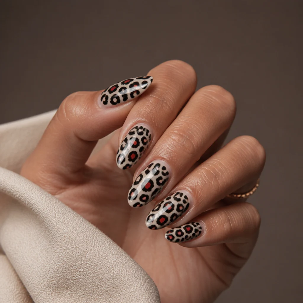 Almond nails in nude with black leopard spots and a few bold red rosettes scattered among them