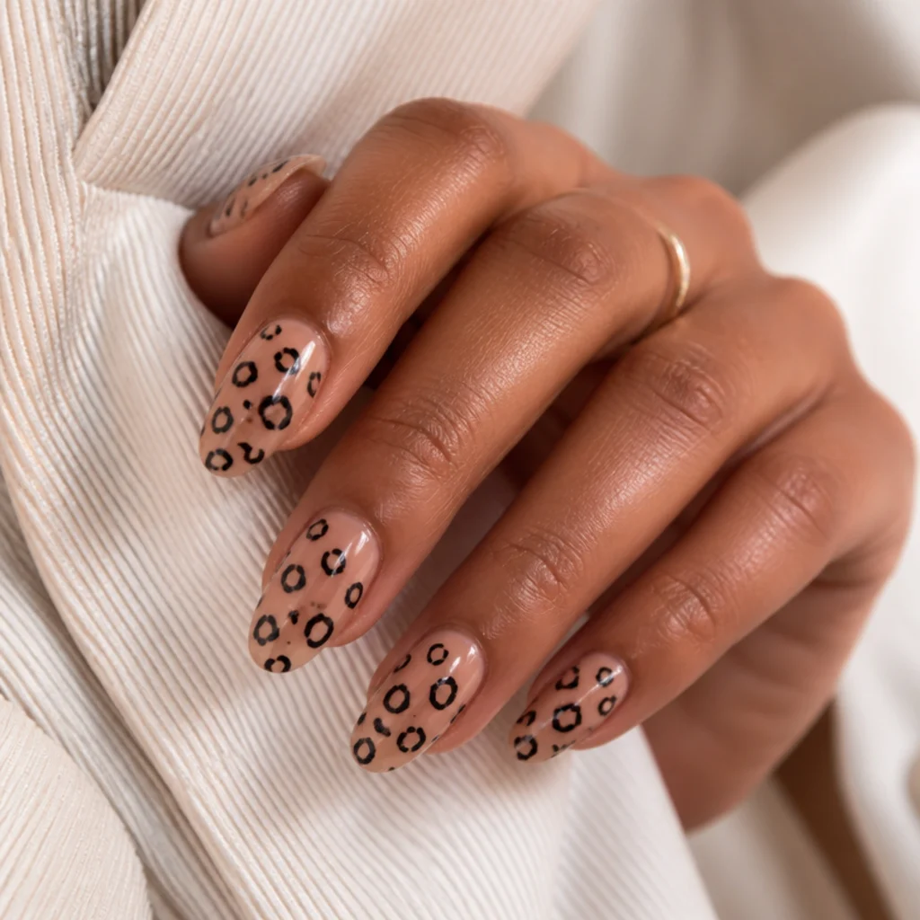 Close-up of almond nails in soft nude with hand-painted black leopard spots and a glossy finish
