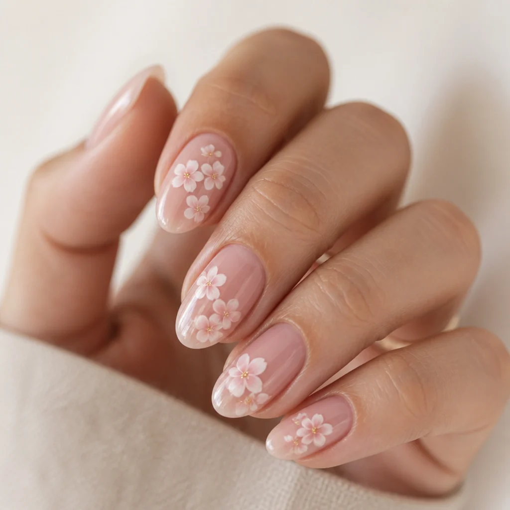 Almond nails with pale sakura-pink blooming gel cherry blossoms feathering near the tips over a sheer nude base with tiny gold centers