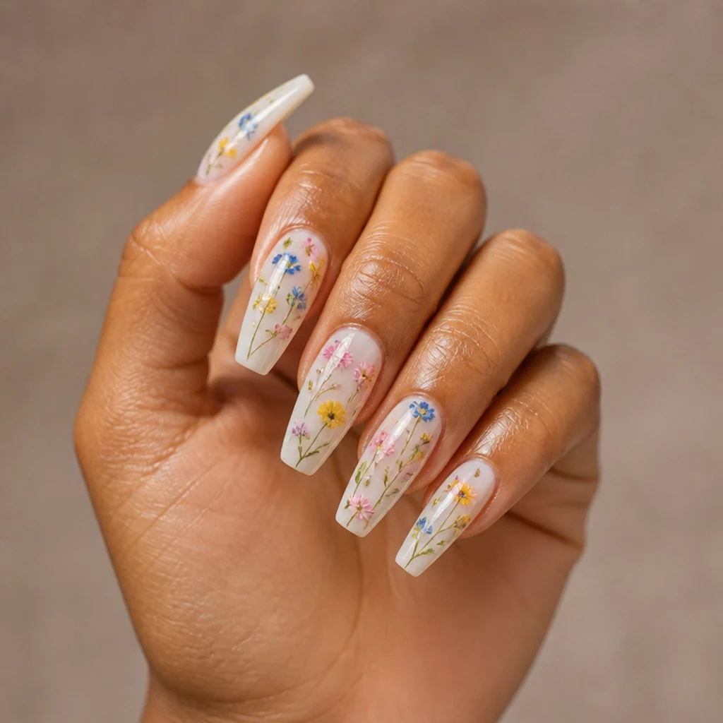 Long coffin nails covered in a mix of cornflower blue, buttercup, and pink blooming gel wildflowers connected by thin green stems over milky white