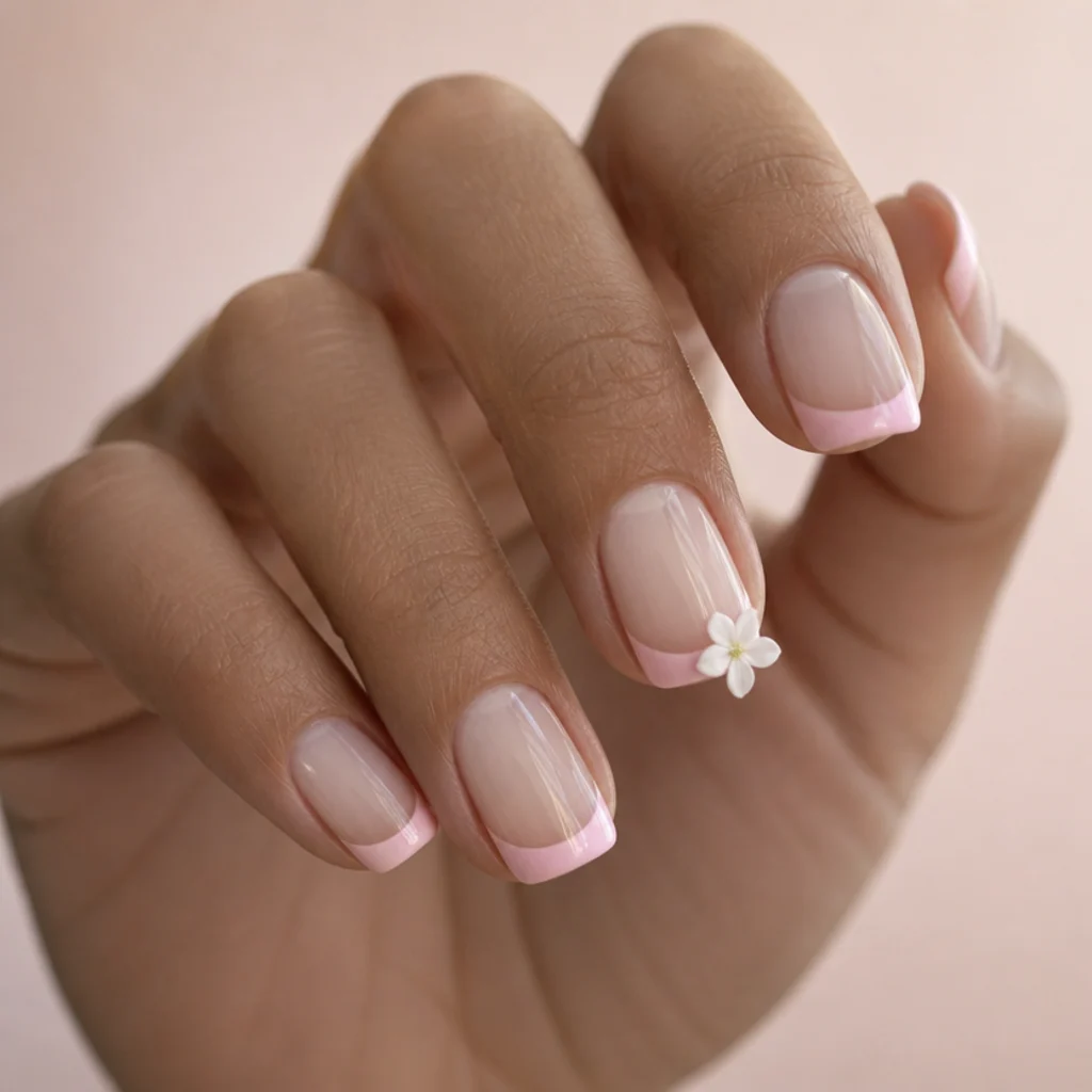 Squoval nails with a soft pink blooming gel french tip fading into the nail and a single white flower on each ring finger