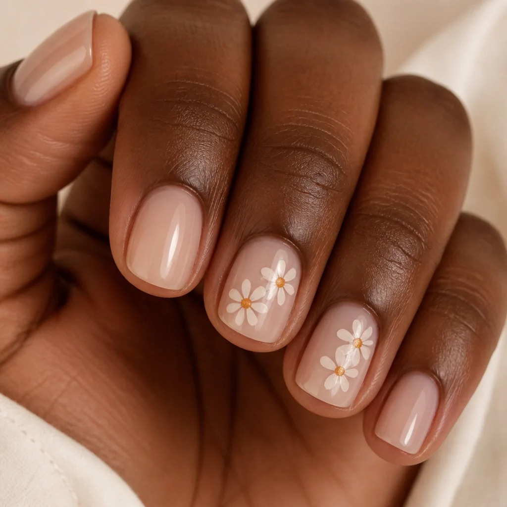 Short round nails in milky nude with small white blooming gel daisies and warm yellow centers on two accent fingers