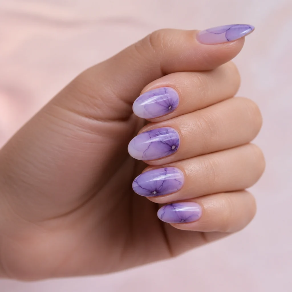 Medium almond nails with lavender blooming gel flowers spreading like ink over a sheer lilac base with generous negative space