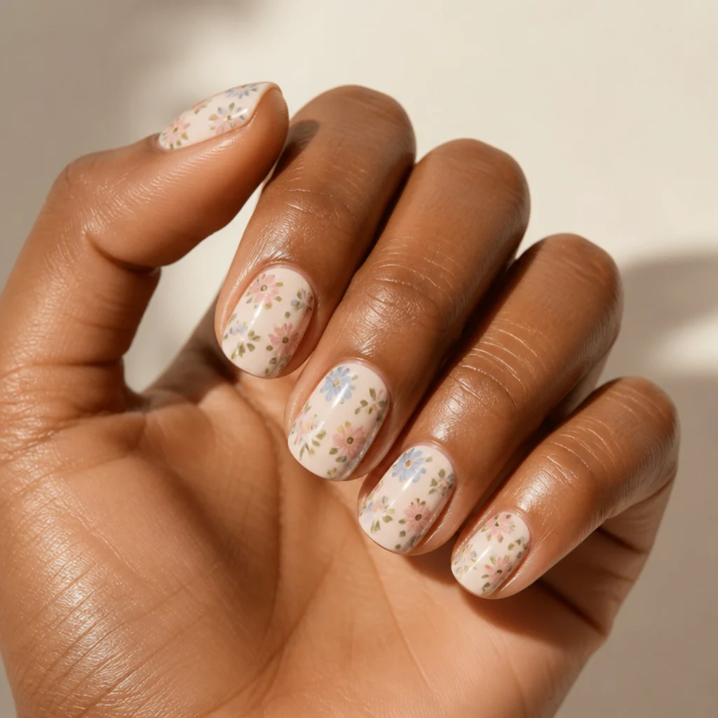 Short squoval nails with a tiny multicolor ditsy blooming gel floral print in muted dusty tones over a cream base