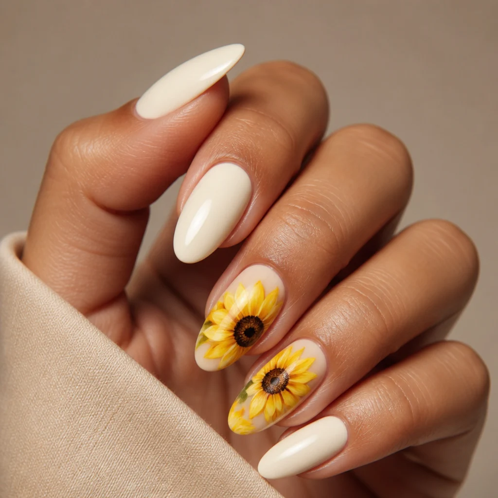 Long almond nails with bold yellow blooming gel sunflowers feathering from rich brown centers over a warm ivory base