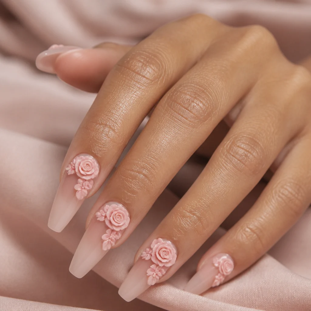 Coffin nails with a blush-to-nude ombre and clustered pink blooming gel roses layered near the cuticle
