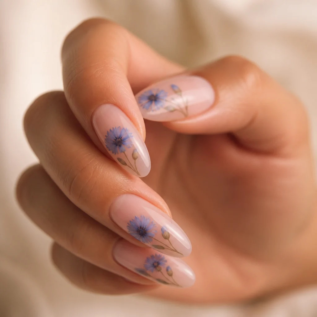 Almond nails with periwinkle blue blooming gel cornflowers drifting diagonally across clear negative space