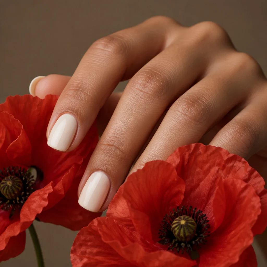 Squoval nails with vivid red blooming gel poppies and dark centers glowing over a soft ivory base