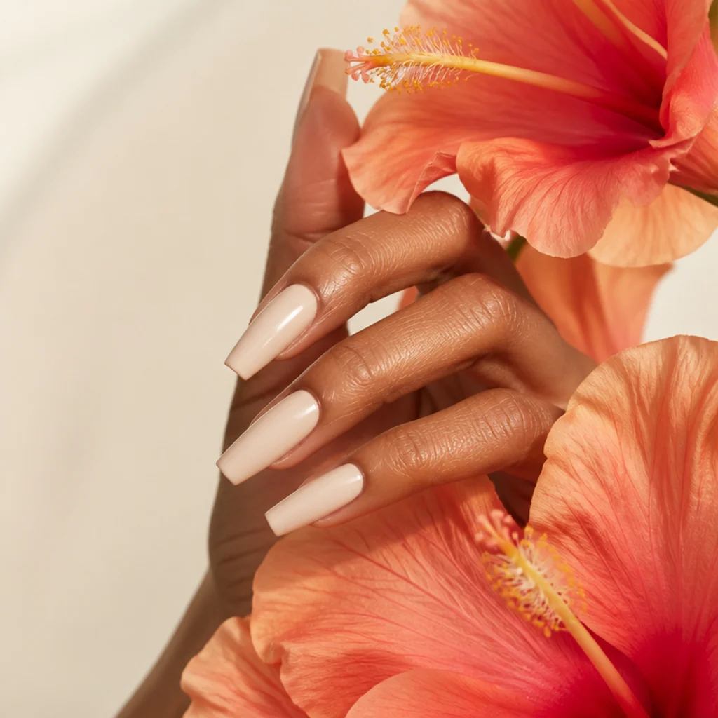 Long coffin nails with coral-to-pink blooming gel hibiscus flowers and slender yellow stamens over a warm cream base