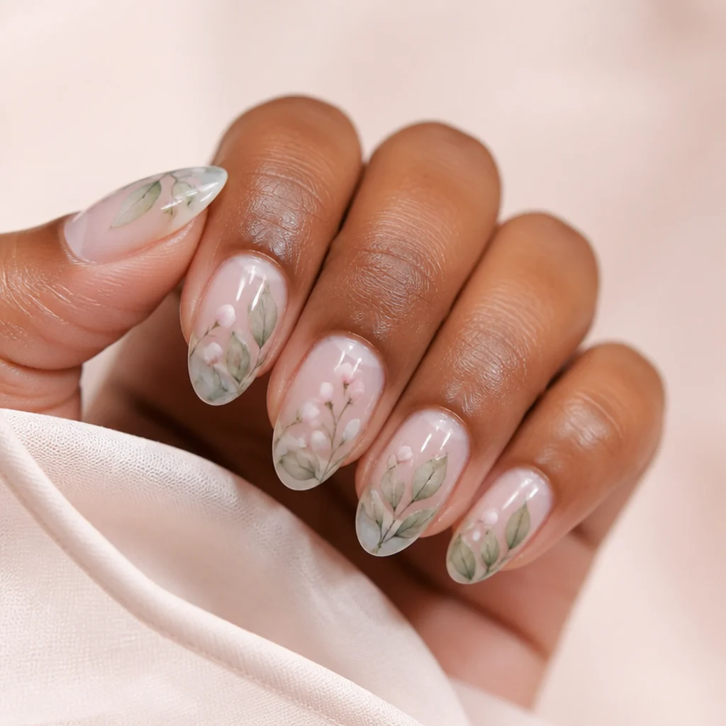 Almond nails with sheer sage green blooming gel leaves and tiny closed buds over a clear base, botanical and minimal