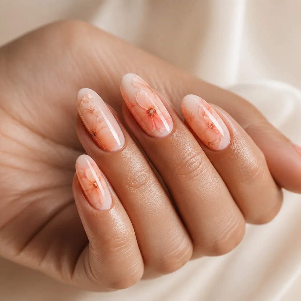 Almond nails with peach and apricot blooming gel flowers blending softly and overlapping over a nude base