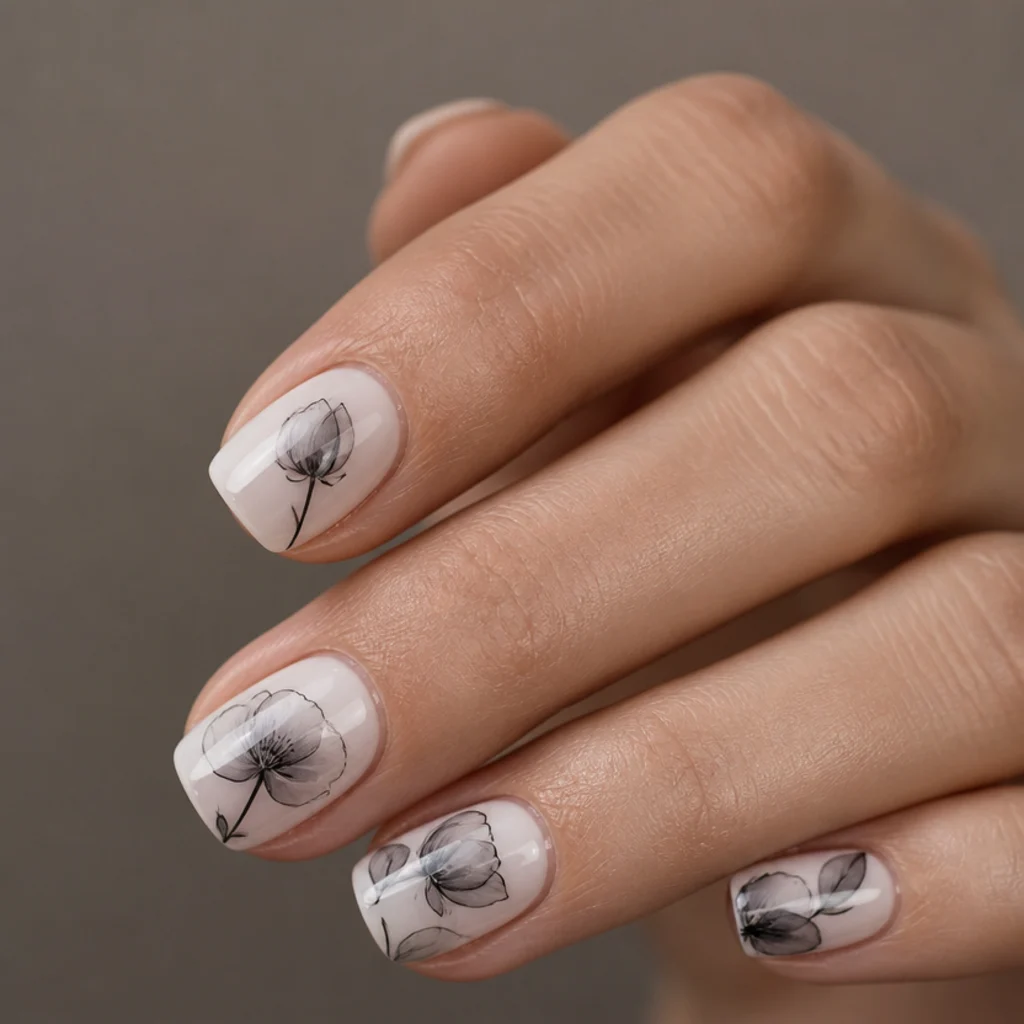 Short squoval nails with fine black line-art flower outlines drawn over soft gray blooming gel washes on a white base
