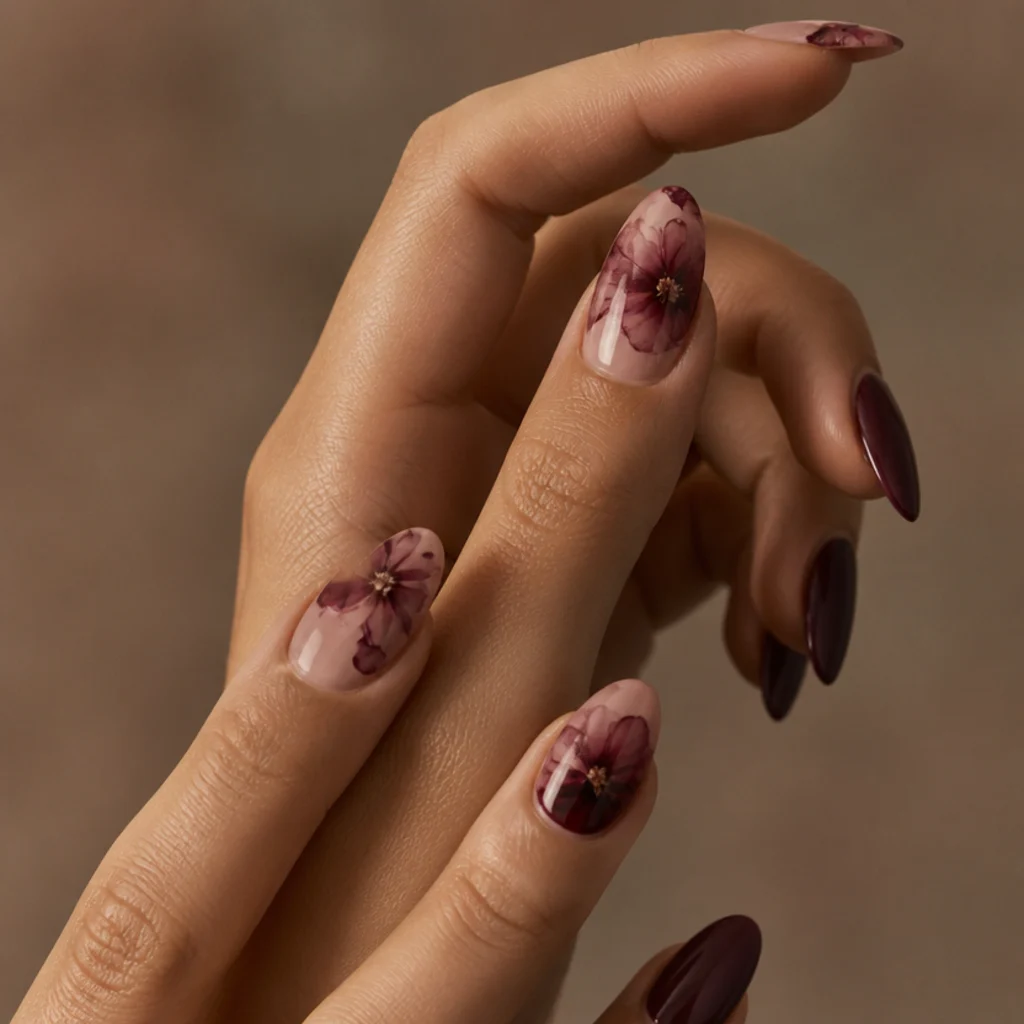 Long almond nails with deep plum and burgundy blooming gel flowers layered tonally over a dusty mauve base
