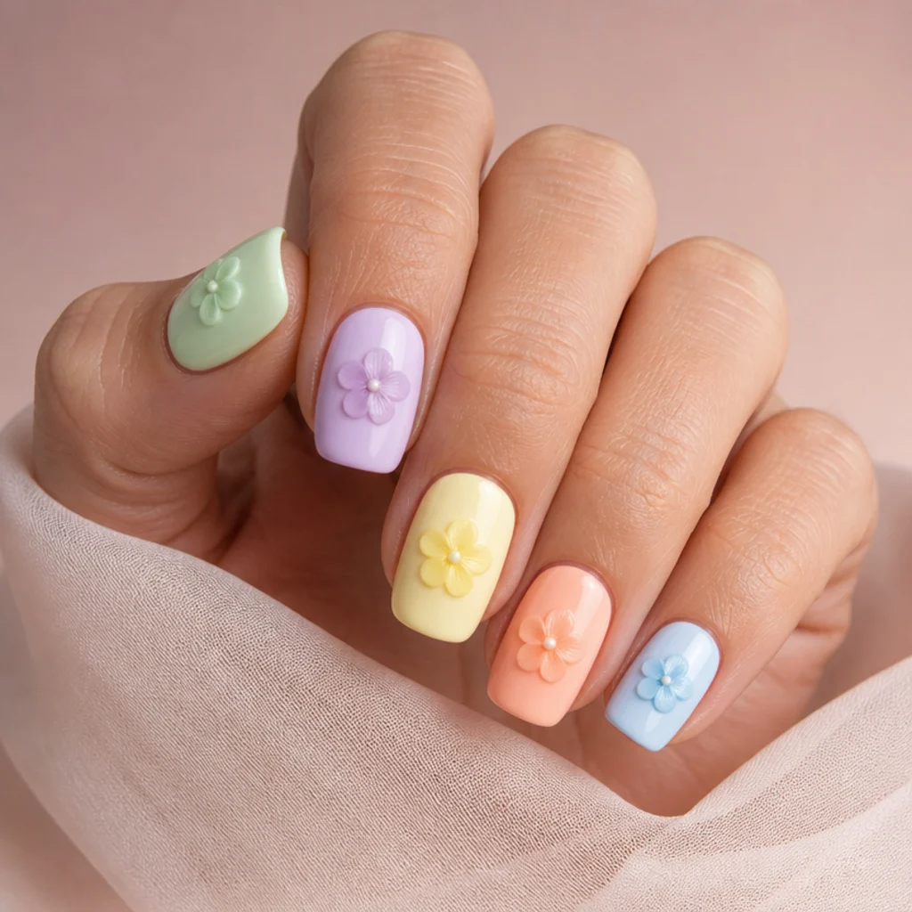 Squoval nails each in a different soft pastel with a matching small blooming gel flower across the skittle set