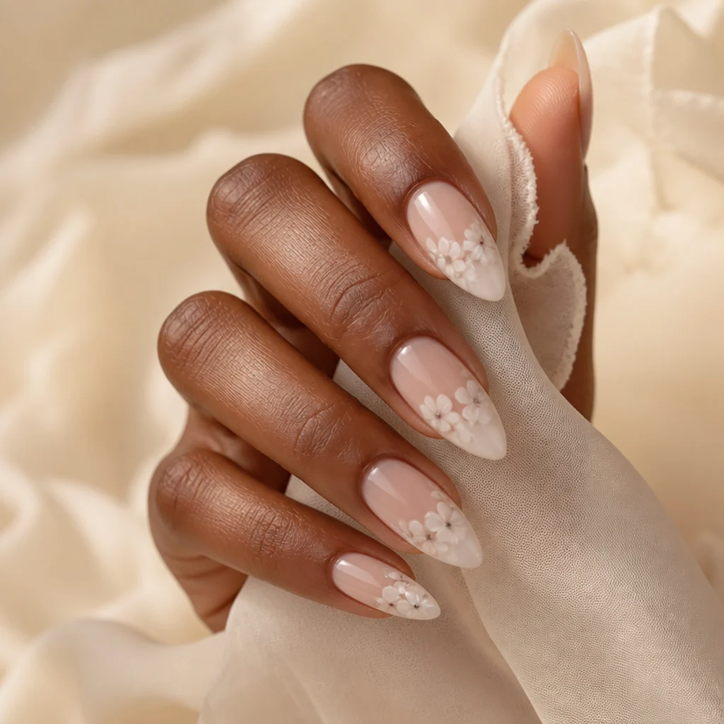 Long almond nails with a sheer-to-white ombre and delicate white blooming gel blossoms with faint centers near the tips