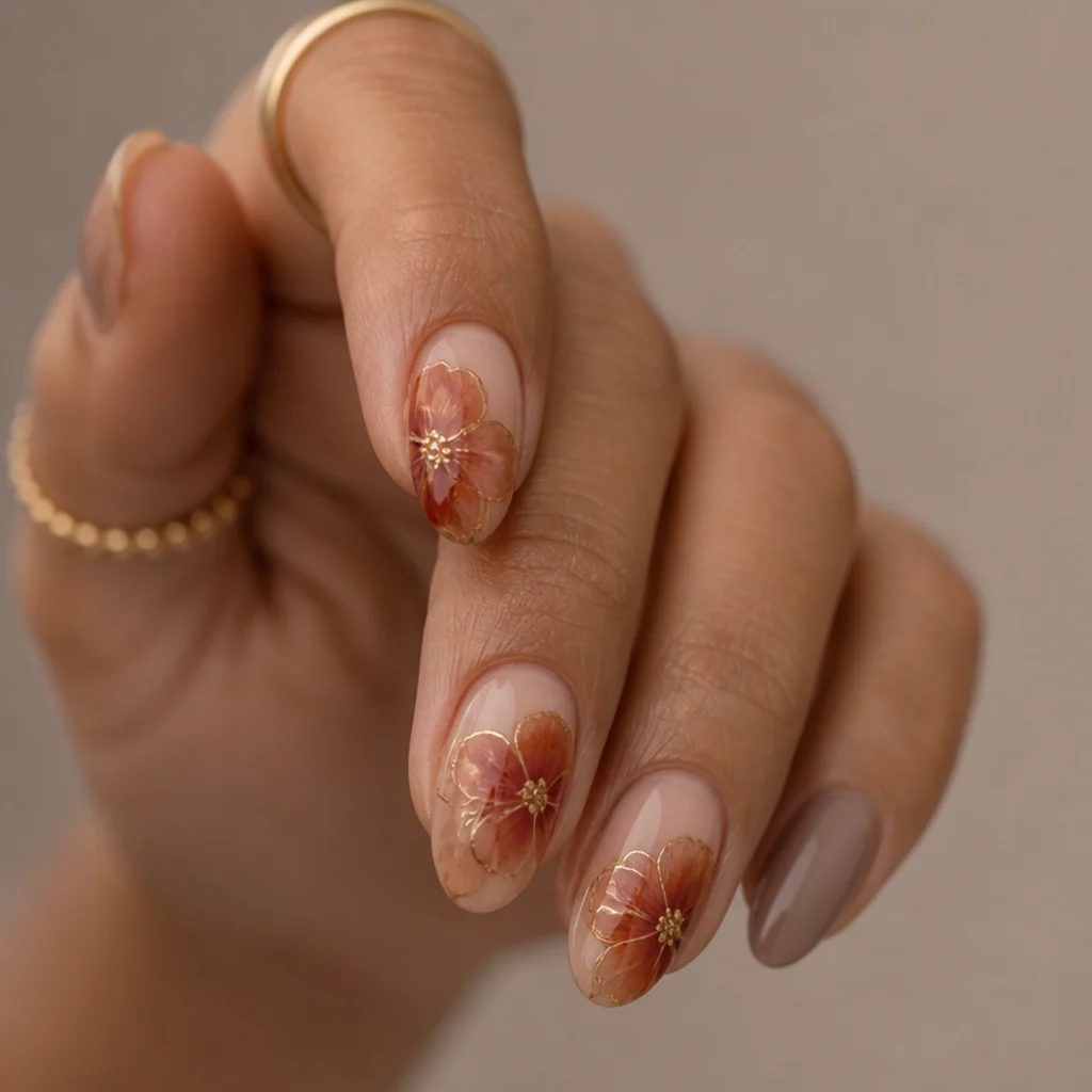 Almond nails with terracotta and rust blooming gel flowers and fine gold accents over a warm taupe base