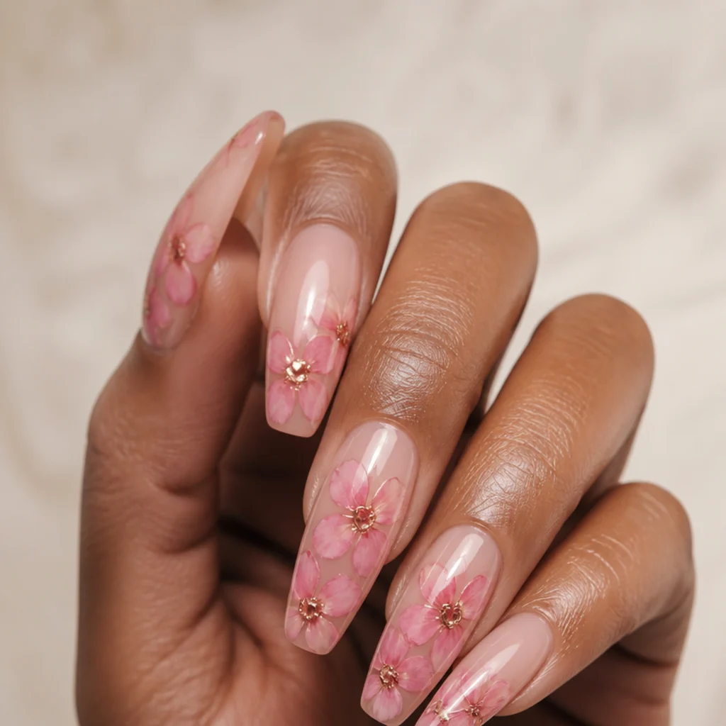Coffin nails with soft pink blooming gel flowers finished with mirror chrome bead centers over a nude base