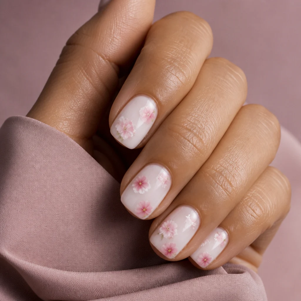 Short squoval nails with very small pink and white blooming gel flowers spaced evenly over a milky base