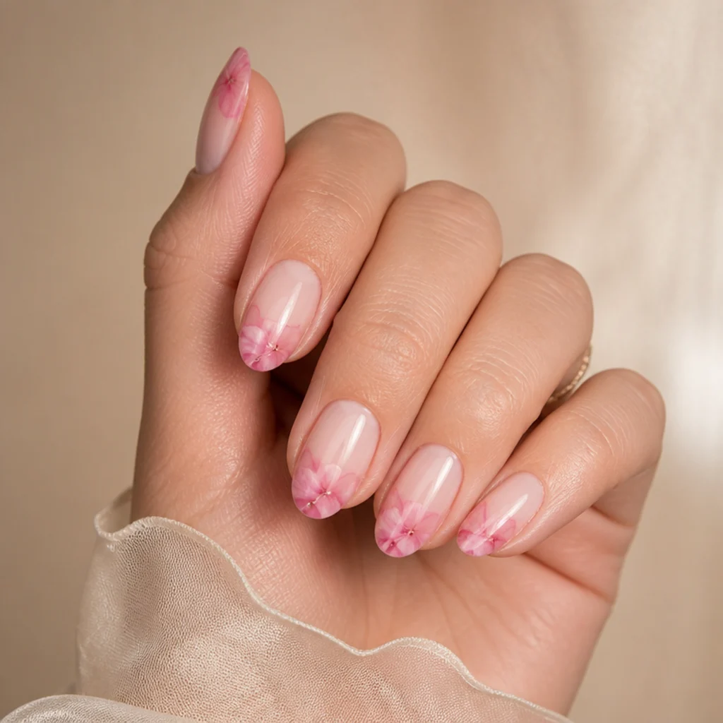 Close-up of a hand with soft pink blooming gel nail art flowers spreading across an almond nude manicure