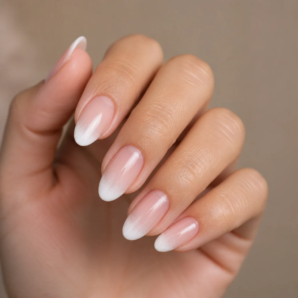 Almond nails with a soft white blooming gel french tip feathering into a bare nude base