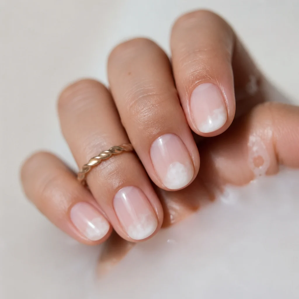 Short round nails with a milky sheer white blooming fade over a pale pink base