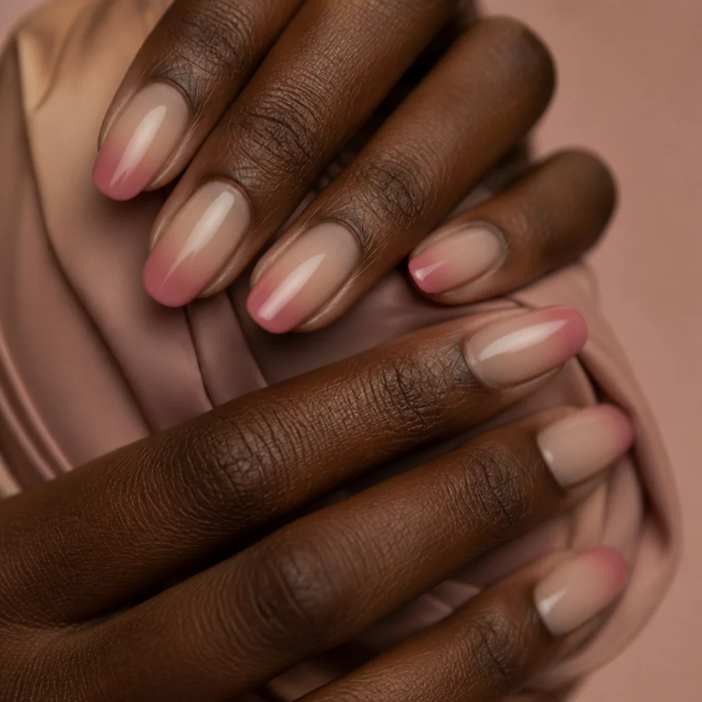 Medium almond nails with a soft rose-pink blooming gel french tip on deep-brown hands