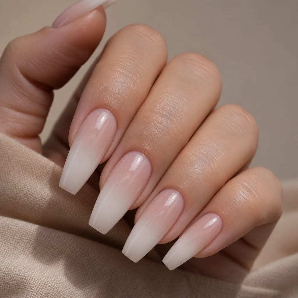 Long coffin nails with a diffused white bloom tip finished with a sliver of pearly chrome shimmer