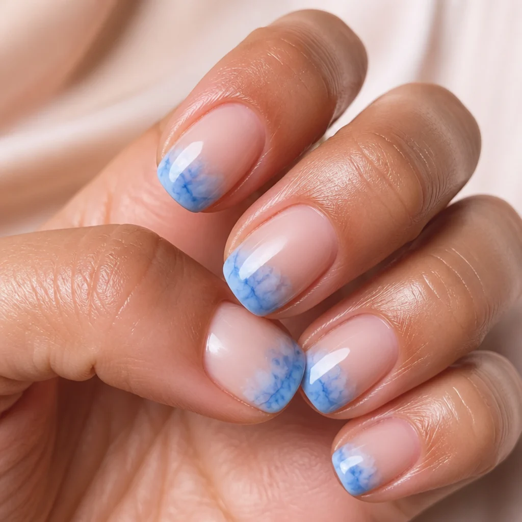 Short squoval nails with a translucent sky-blue blooming gel french tip like a watercolor wash