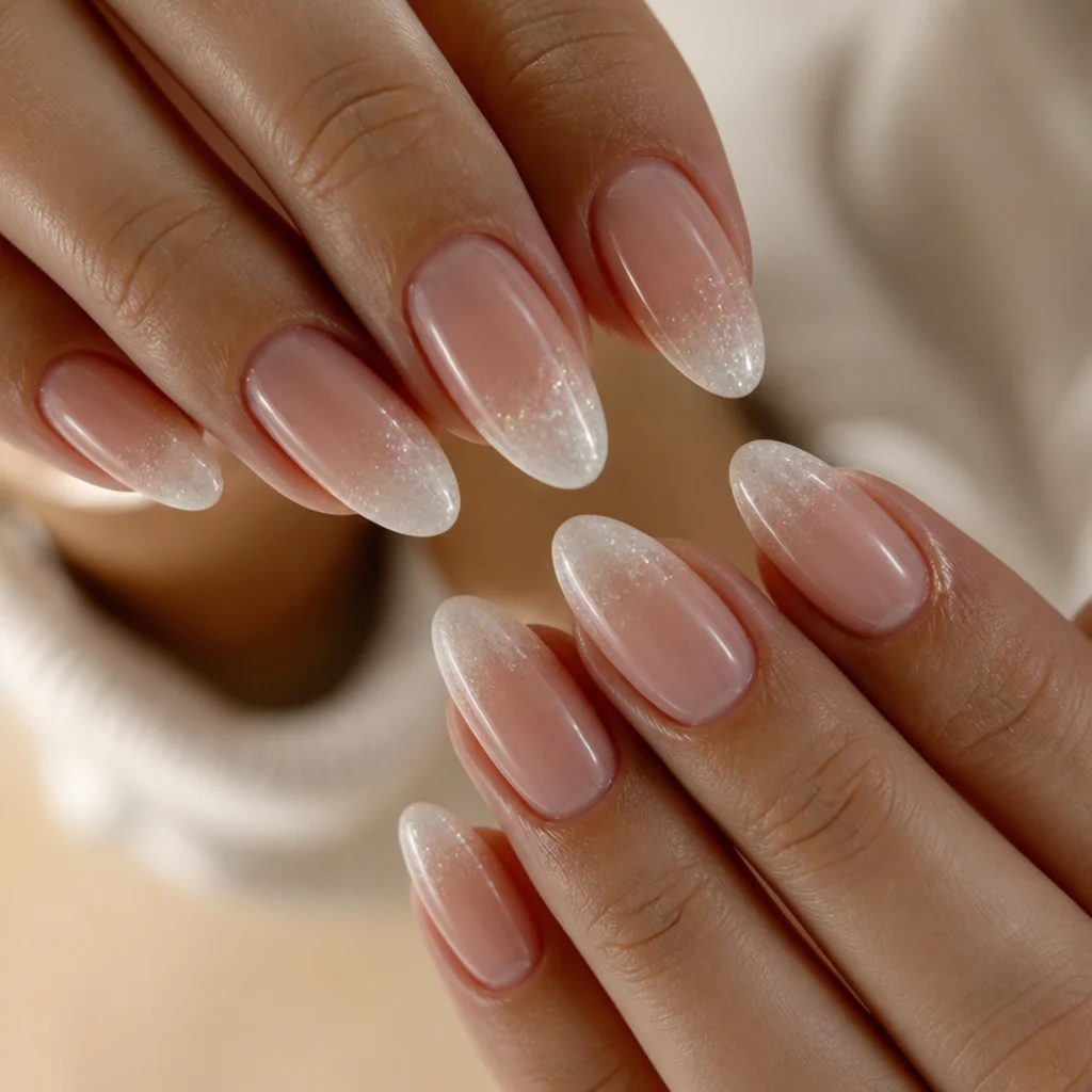 Almond nails with a white bloom tip embedded with fine iridescent micro-glitter near the edge
