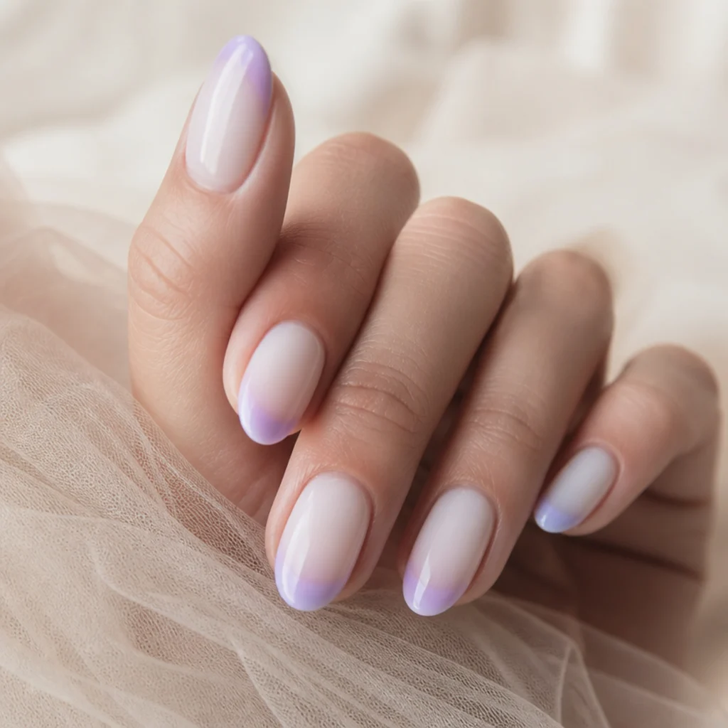 Oval nails with a soft lavender blooming gel french tip fading into a milky base