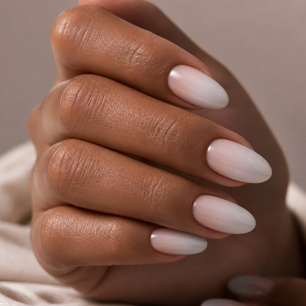 Medium almond nails with a full-nail white blooming gel ombre deepening toward the tip