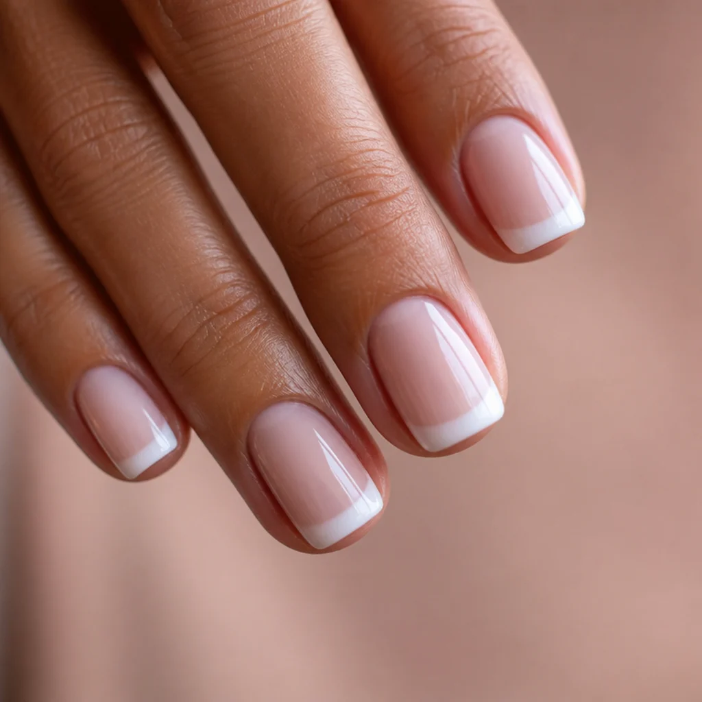 Short squoval nails with a thin negative-space gap between the bare base and a white bloom tip