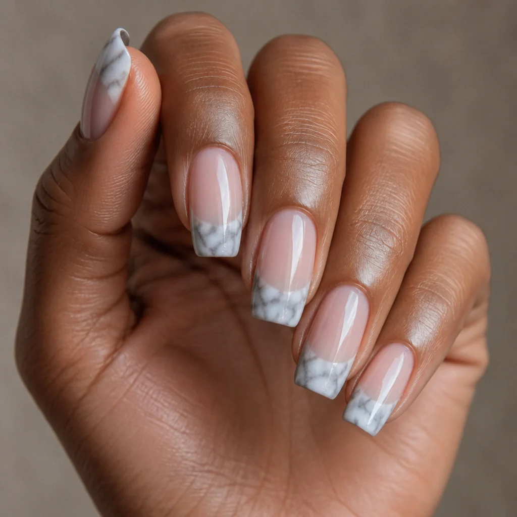 Squoval nails with a white blooming gel tip veined with soft grey marble swirls