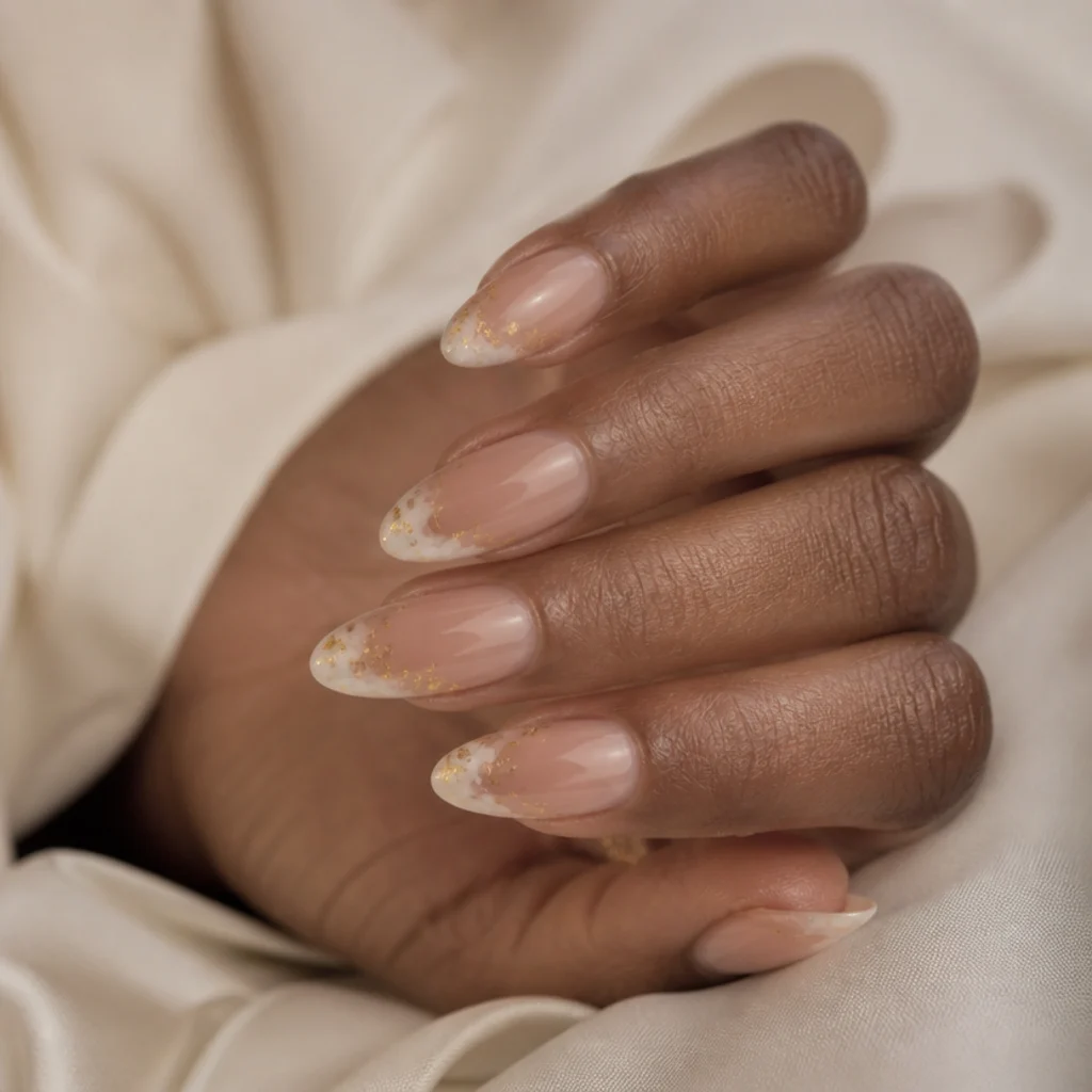 Almond nails with a soft white bloom tip scattered with delicate gold foil flecks